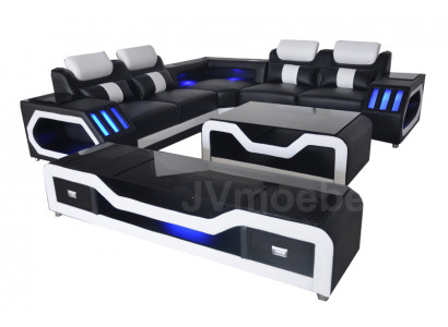 Ledersofa Wunnlandschaft Eck Garnitur Design Modern Sofa mat USB + Couchtisch