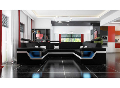 Ledersofa mat USB Grouss XXL Canapé Ecksofa Wunlandschaft Canapé Polster Sëtz LED