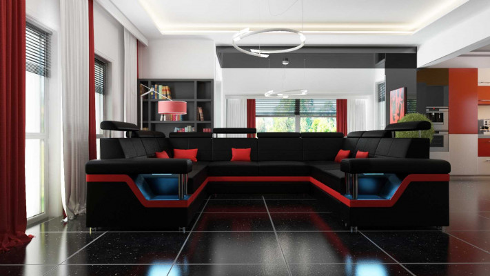 Ledersofa mat USB Grouss XXL Canapé Ecksofa Wunlandschaft Canapé Polster Sëtz LED