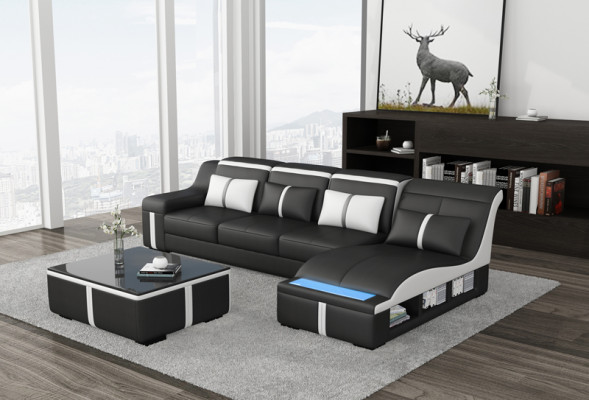 Design Eck Sofa USB LED + Dësch Polster Eck Sëtz Lieder Garnitur Wunnlandschaft