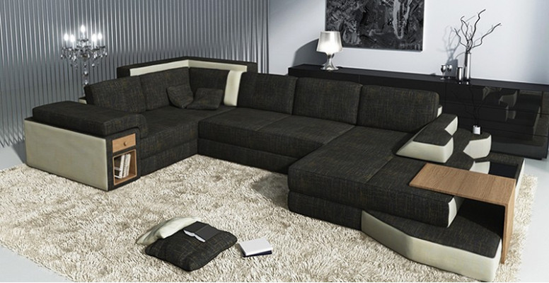 XXL Design Grouss Sofa mat USB, Ecksofa Couch Wunnlandschaft U Form Lieder Textil Eck.