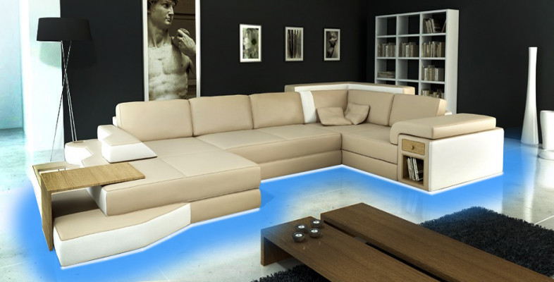 XXL Design Grouss Sofa mat USB, Ecksofa Couch Wunnlandschaft U Form Lieder Textil Eck.