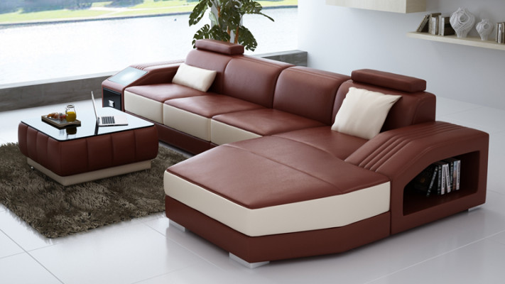 Ledercouch mat USB, Wunnlandschaft Eckcouch Eck Ausrëschtung Design Modern Couch L6003C