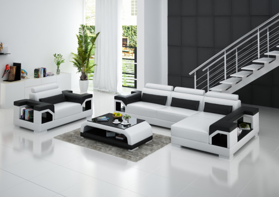 Ledersofa Wunnlandschaft Ecksofa + Fotell Eck Garnitur Design Modern