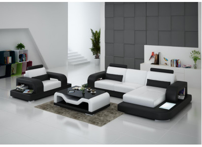 Ledersofa Canapé Wunnlandschaft Eck + Fautëuil Garnitur Design Modern Sofa mat USB