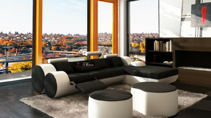 Designer Ledersofa Garnitur mat USB, Lieder Ecksofa Wunnlandschaft Liedercouch