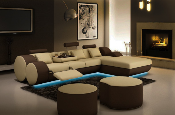 Designer Ledersofa Garnitur mat USB, Lieder Ecksofa Wunnlandschaft Liedercouch