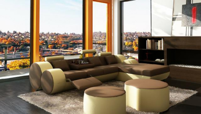 Designer Ledersofa Garnitur mat USB, Lieder Ecksofa Wunnlandschaft Liedercouch