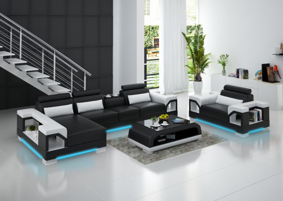 Ledersofa Wunnlandschaft Ecksofa Sëtz Couch Garnitur Design Modern Sofa + USB