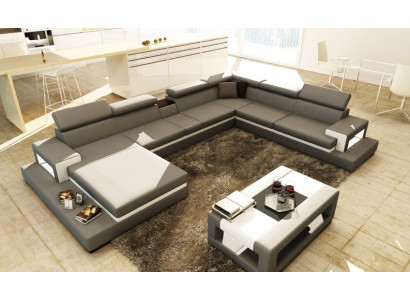 Ledersofa mat USB, Sofa Ecksofa U Form Canapé Wunnlandschaft Designer Sëtz Eck