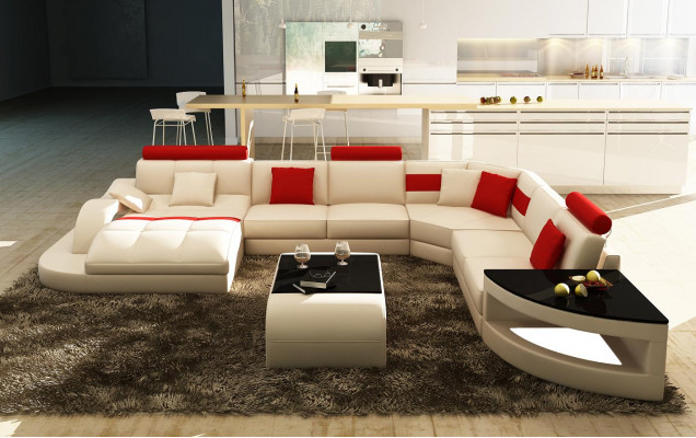 Multifunktion XXL Grousst Ledersofa Sofa mat USB, Ecke Wunlandschaft Eckssofa Polster