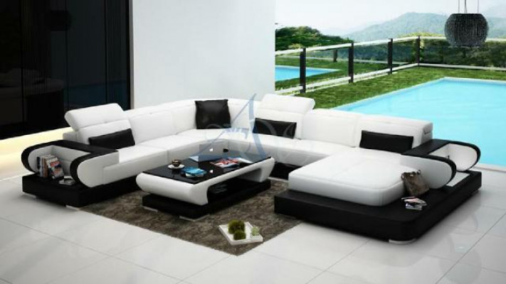 Sofa Eckcouch Couch Funktiounssofa + USB U Form Kënschtlecher Lieder Beige Schloffunktion