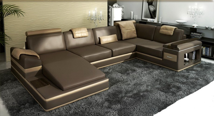 Ecksofa Sofa USB + LED Wunnlandschaft U Form Polstersofa Ledersofa Stoff Lieder.