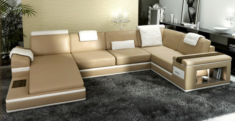 Ecksofa Sofa USB + LED Wunnlandschaft U Form Polstersofa Ledersofa Stoff Lieder.