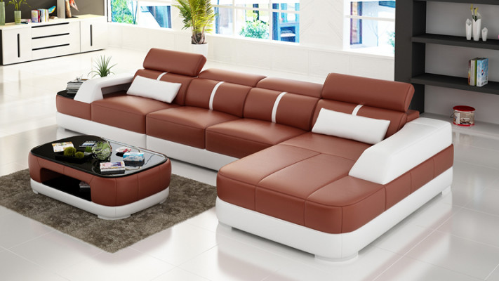 Ledersofa Polster Sëtz Eck Sofa Garnitur Wunnlandschaft Wunnzëmmer Couche mat USB