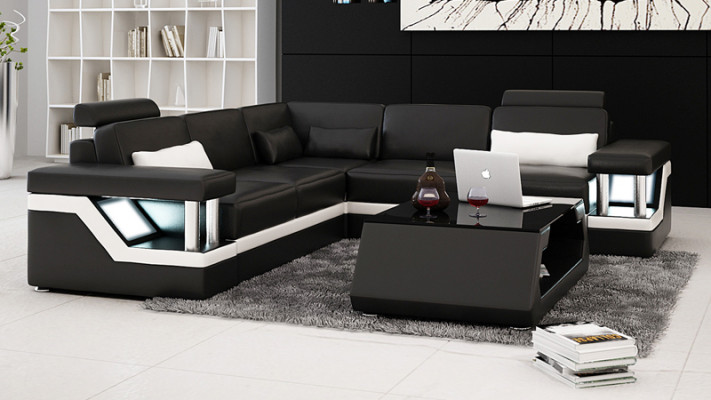 Ledercouch mat USB Wunnlanschaft Eckcouch Eck Garnitur Canapé Design Sofa L6002B