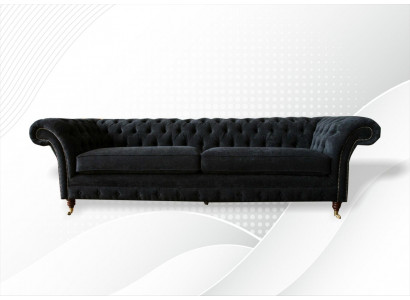 Grouss Sofa 4-Sëtzer Canapé Chesterfield Polstersetzer Lieder Textil Schwaarz