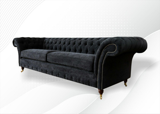 Grouss Sofa 4-Sëtzer Canapé Chesterfield Polstersetzer Lieder Textil Schwaarz