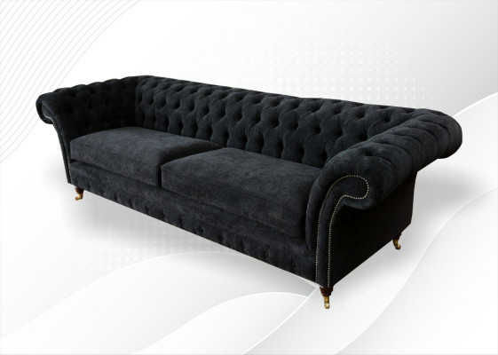 Grouss Sofa 4-Sëtzer Canapé Chesterfield Polstersetzer Lieder Textil Schwaarz