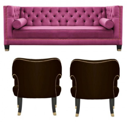 Rosa Chesterfield 2Sëtzschwaarz Textil Modern Design Luxus Miwwelen Sofa Set Nei