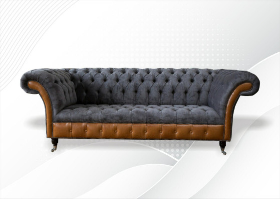 Chesterfield Sofa Couch Polster 3 Sëtzer Gro Textil Stoff Gri Couchen