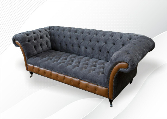Chesterfield Sofa Couch Polster 3 Sëtzer Gro Textil Stoff Gri Couchen