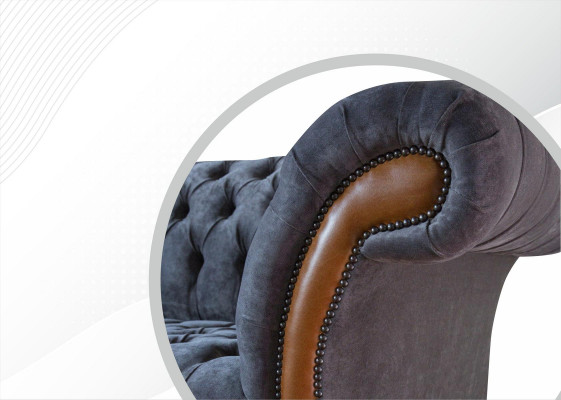 Chesterfield Sofa Couch Polster 3 Sëtzer Gro Textil Stoff Gri Couchen