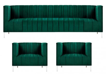 Sofagarnitur Dräi-Sëtzer Stoff Wunnzëmmer Samt Design Gréng Sofa 2 Fauteuil Grupp