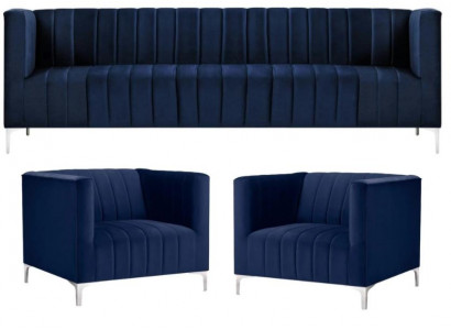 Navy Blo Sofagarnitur Dräisëtzer Stoff Nei Kreativt Design Sofa 2 Sesselen Modern