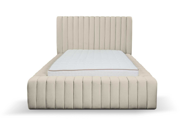 Luxus Schlofzëmmer Bett Duebelbett Holz Polster Better Bettrahmen beige