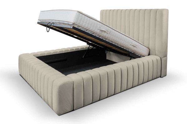 Luxus Schlofzëmmer Bett Duebelbett Holz Polster Better Bettrahmen beige