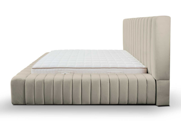 Luxus Schlofzëmmer Bett Duebelbett Holz Polster Better Bettrahmen beige