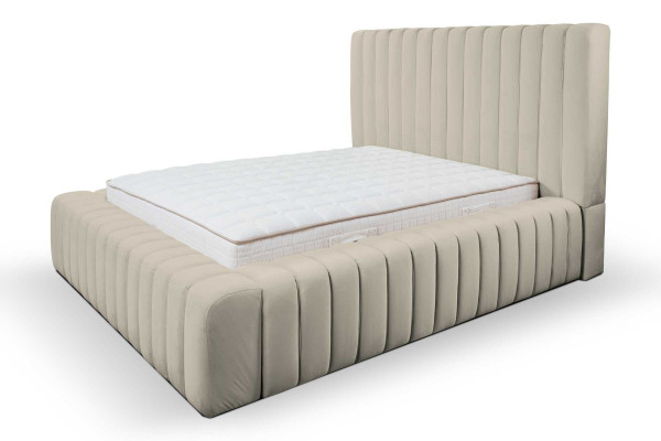 Luxus Schlofzëmmer Bett Duebelbett Holz Polster Better Bettrahmen beige
