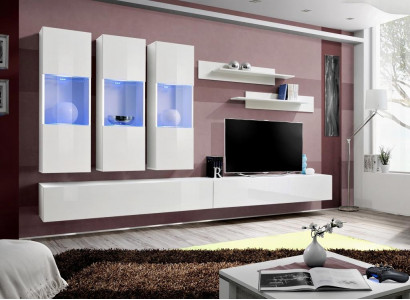 Wunnzëmmer RTV Hängevitrin Wunnwand Holz Design Wäiss Modern Neit Set 7 Deeler.