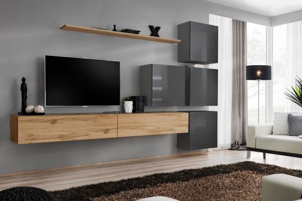 Luxus Holz Garnitur TV-Ständer Holz Wunnzëmmer Wunnwand Wand Regal Design