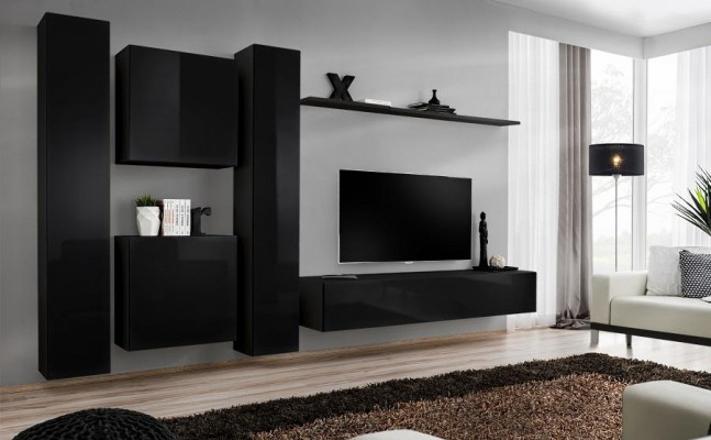 Schwaarz Wunnmauer TV Ständer Luxus Wunnzëmmer Miwwelen Komplett Set 6 Deeler Modern