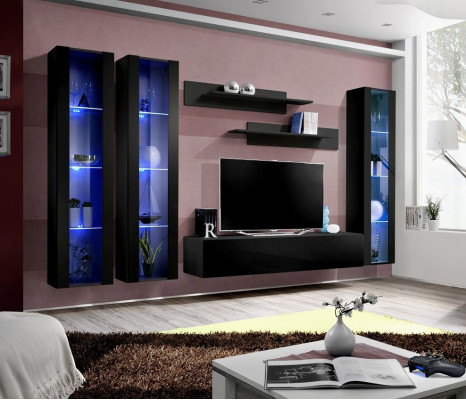 Schwarz Wunnwand Hänkvitrinn Set 6 Stéck Wunnzëmmer Garnitur Modern Holzmöbler