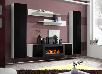 Wunnmauer TV-Stänner mat Kamäin Wunnzëmmer Designer Wandregaler Wandkabinett Holz