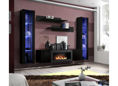 Komplett-Saz 5-Teileg Luxus Wunnwand Schwaarz Designer Hänkvitrinn Holz Miwwel