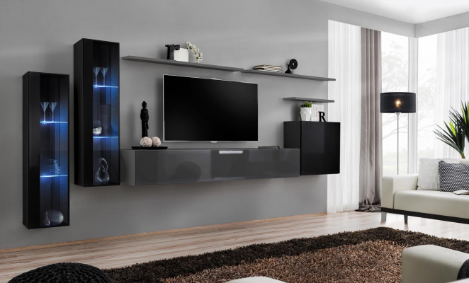 Wunnzëmmer Holz Komplett Gro TV-Stänner Design 3x Wandschränk Luxus Wunnwand