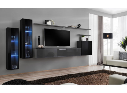 Wunnzëmmer Holz Komplett Gro TV-Stänner Design 3x Wandschränk Luxus Wunnwand