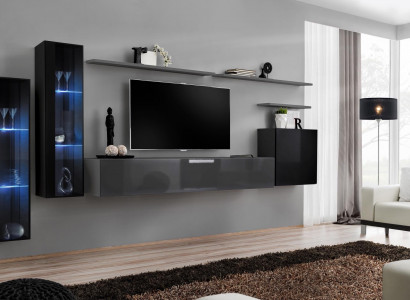 Wunnzëmmer Holz Komplett Gro TV-Stänner Design 3x Wandschränk Luxus Wunnwand