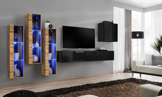 Wunnwand Miwwelen Wunnzëmmer Luxus Héichglanz TV Ständer Schwaarz Holz Komplett Nei