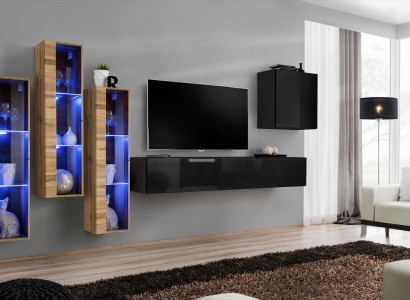 Wunnwand Miwwelen Wunnzëmmer Luxus Héichglanz TV Ständer Schwaarz Holz Komplett Nei