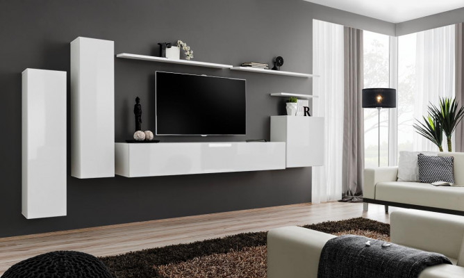 Wunnwand Wunnzëmmer Set 7-Stéck Sideboard Wandregal Wäiss TV-Stänner Wandsschaf