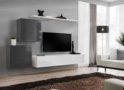 Wunnwand Wunnzëmmer Set 4tlg Stil Modern Lowboard Wandregal Wäiss Wandschaf
