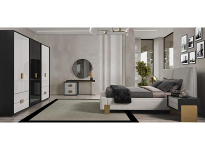Modern Schlofzëmmer-Set, Duebelbett, 2x Nuetsdëscher, Schminktësch, 6 Stéck.