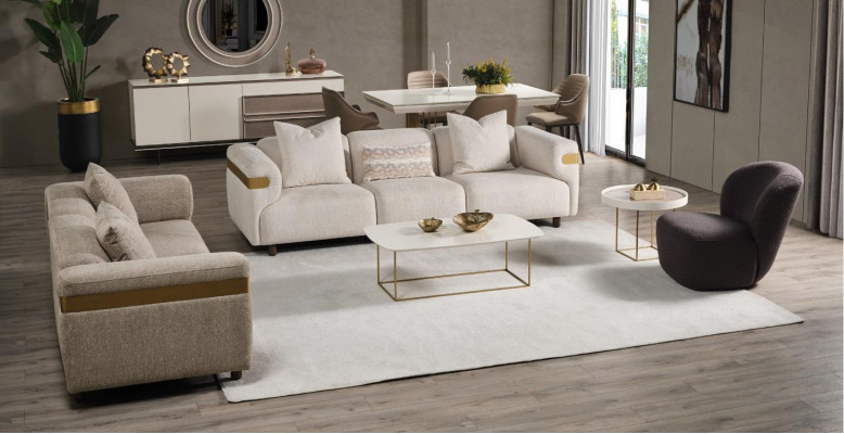 Modern Beige Canapé-Set 4+3 Sëtz + Fauteuil Wunnzëmmer Luxus Set 3 Deeler