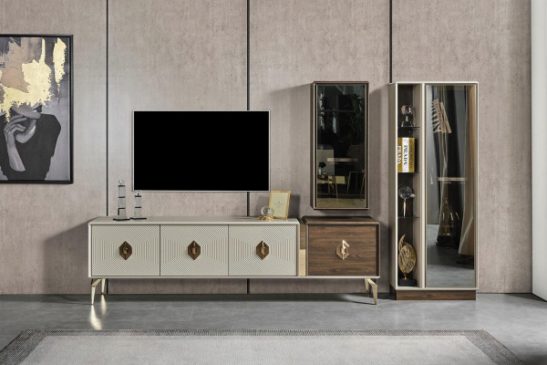 Designer Wunnzëmmer-Set Luxus TV-Stänner Vitrine Wandsschaf 3 Deeler