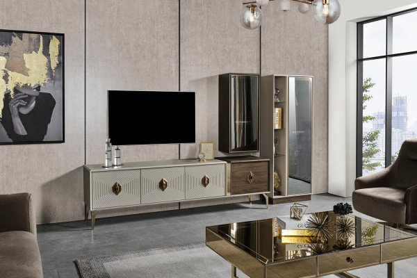 Designer Wunnzëmmer-Set Luxus TV-Stänner Vitrine Wandsschaf 3 Deeler